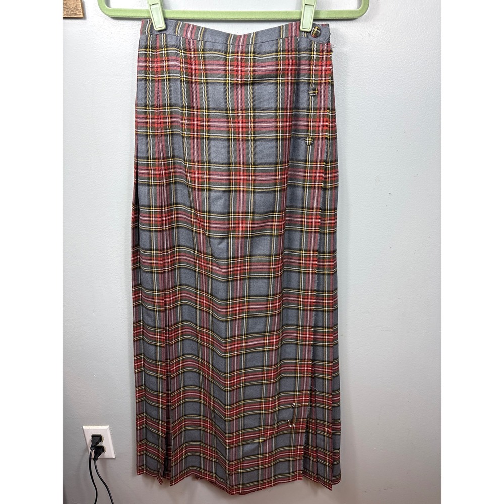 Vintage‎ Wool Kilt Maxi Skirt Tartan Plaid Grey Red Size 10